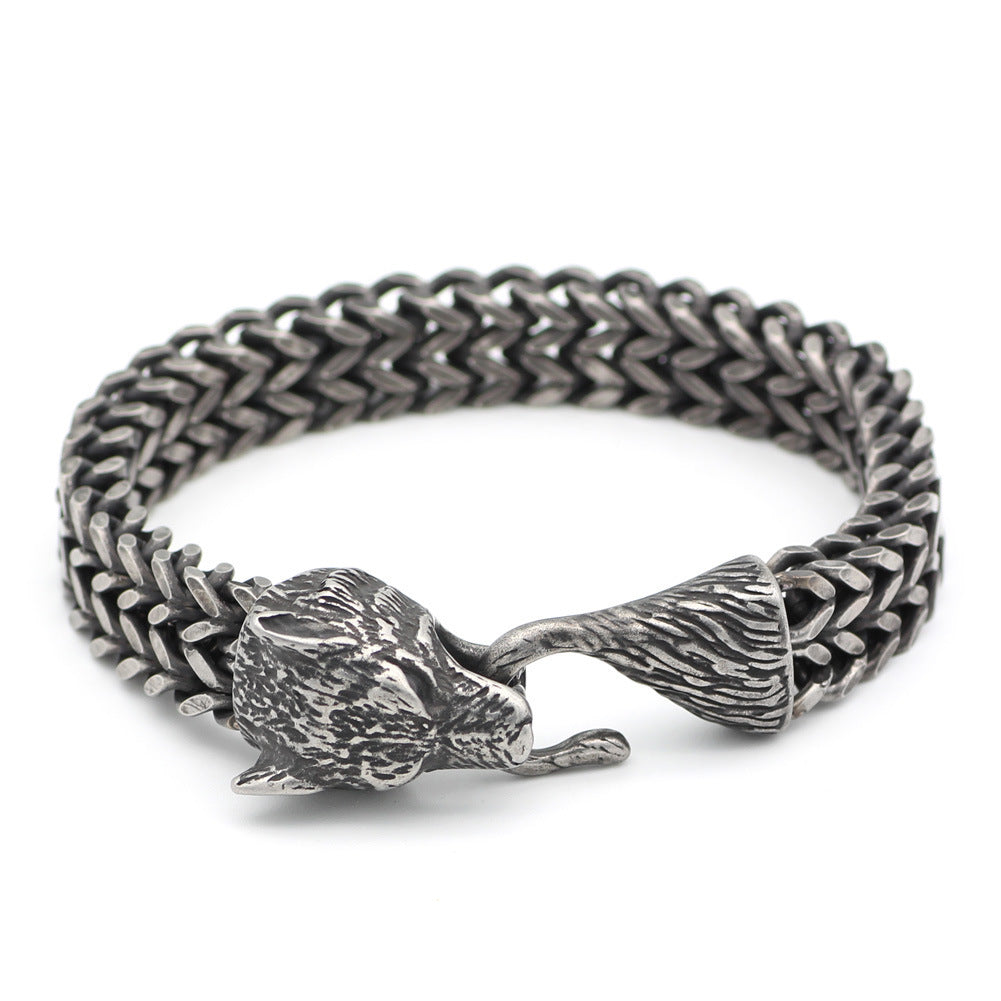 Stainless Steel Vintage Black Wolf Head Cuban Bracelet